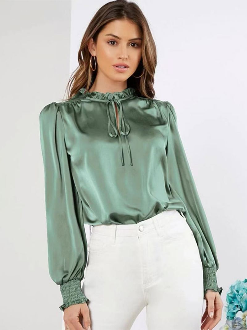 Satin Bluse Rund Hals Ballongermer Volanger Blonder Opp Kvinners Topp - Salvie