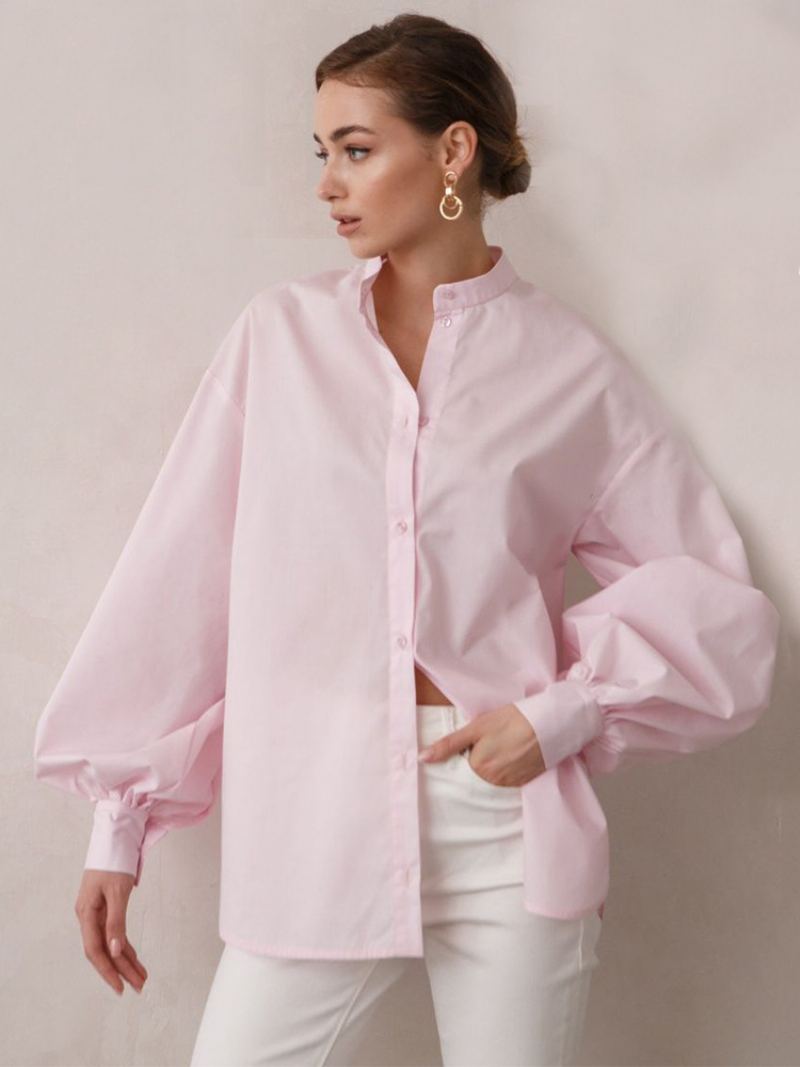 Skjorte For Kvinner Hvite Knapper Turndown-krage Casual Langermede Topper - Rosa