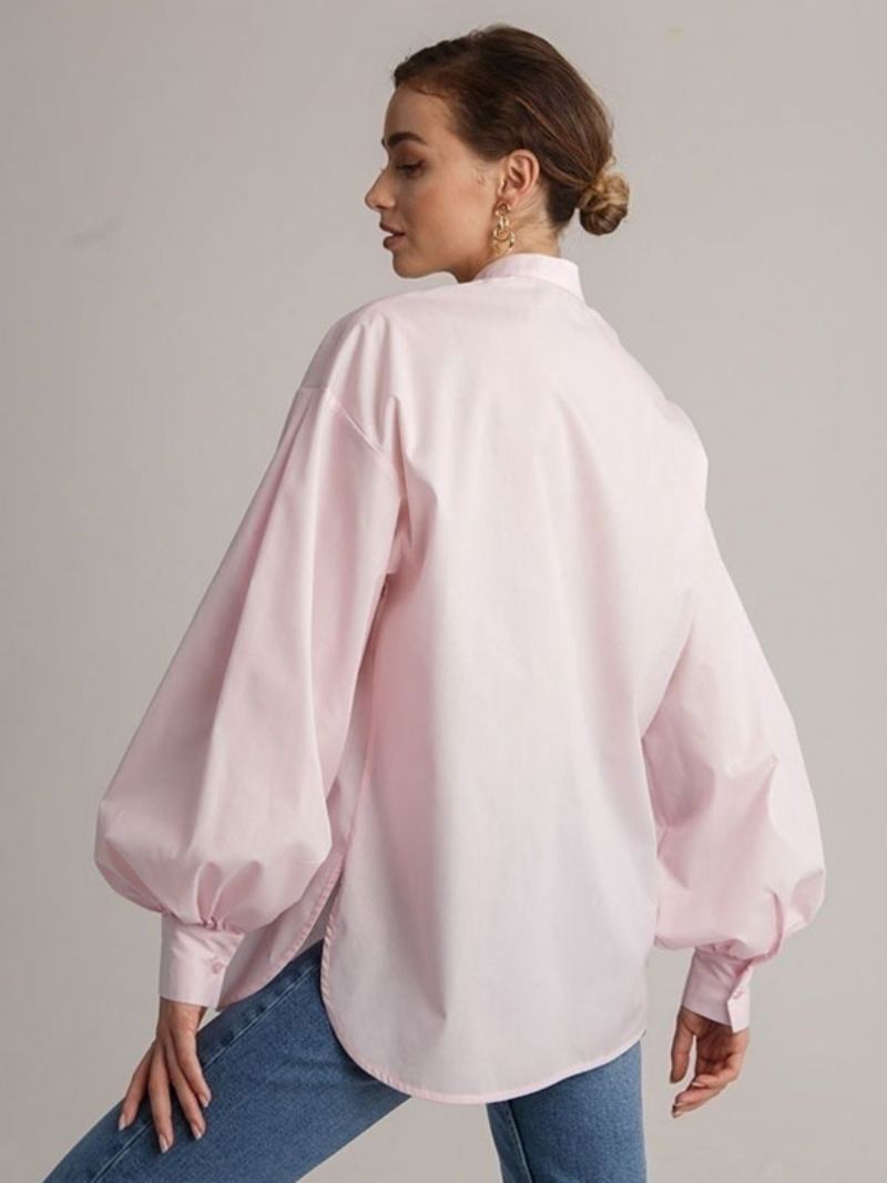 Skjorte For Kvinner Hvite Knapper Turndown-krage Casual Langermede Topper - Rosa