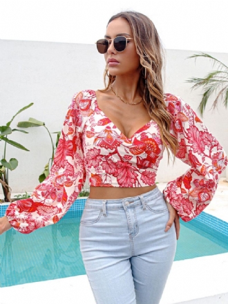 Skjorte For Kvinner Red Floral Print V-hals Sexy Lange Ermer Topper