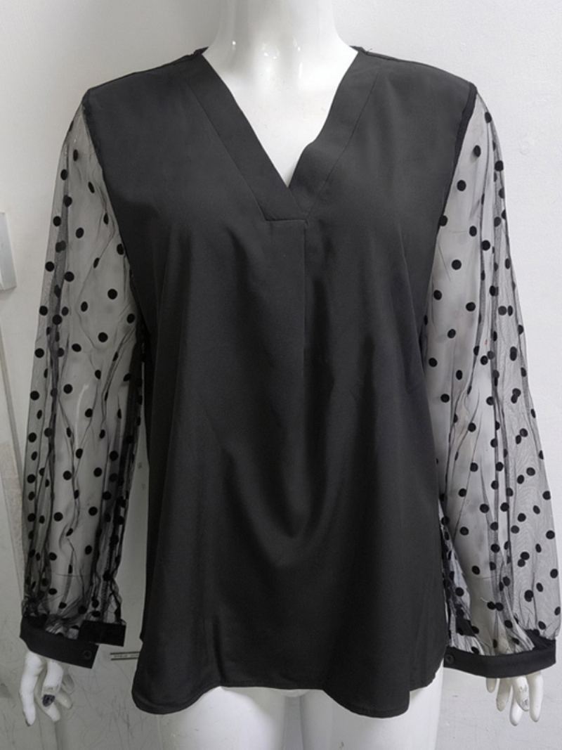 Skjorte For Kvinner Svart Polyester V-hals Casual Polka Dot Lange Ermer Topper - Svart