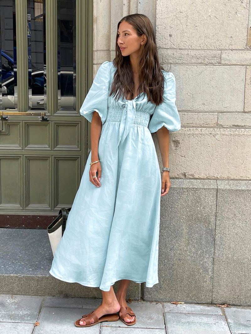 Dame Baby Blue Smocked Dress Knotted Puff Sleeves Beach Day Maxi Dresses