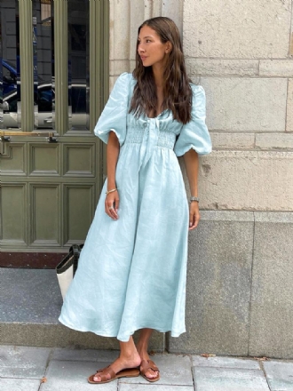 Dame Baby Blue Smocked Dress Knotted Puff Sleeves Beach Day Maxi Dresses