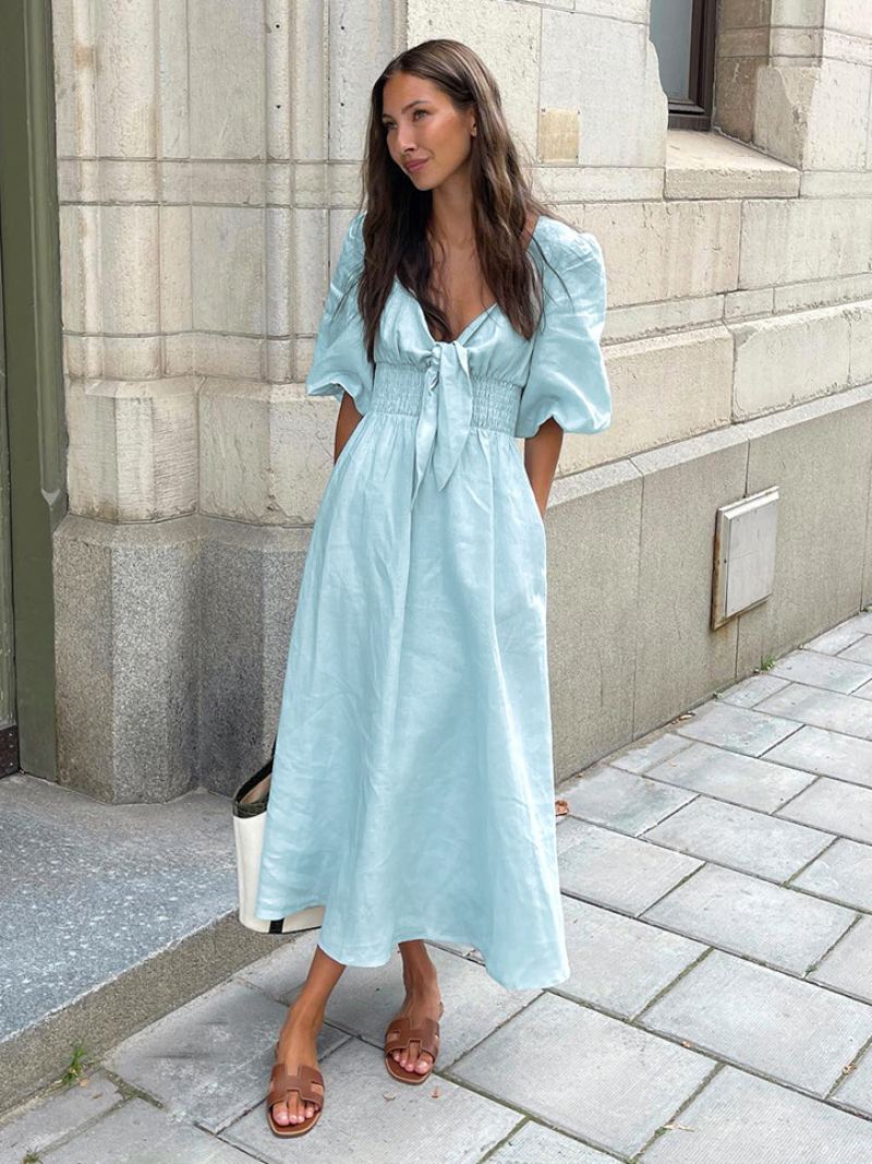 Dame Baby Blue Smocked Dress Knotted Puff Sleeves Beach Day Maxi Dresses - Blå