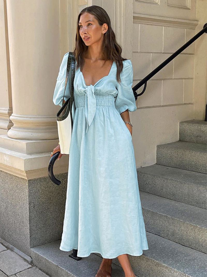 Dame Baby Blue Smocked Dress Knotted Puff Sleeves Beach Day Maxi Dresses - Blå