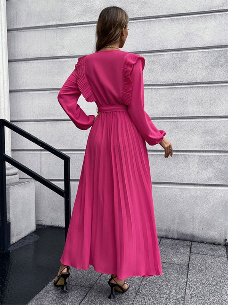 Dame Maxi Dress V-hals Langermet Lang Kjole - Rose