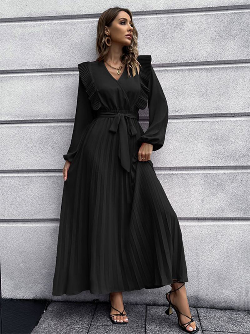 Dame Maxi Dress V-hals Langermet Lang Kjole - Sort