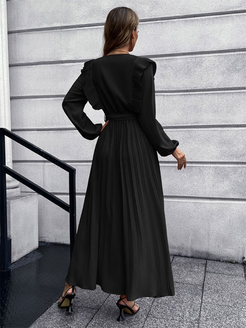 Dame Maxi Dress V-hals Langermet Lang Kjole - Sort