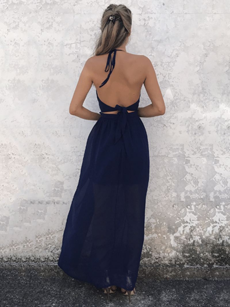 Dame Maxikjole Halter Twisted Lang Splitt Ryggløs Mørk Navy Chiffon Sexy Kjole - Mørk Navy