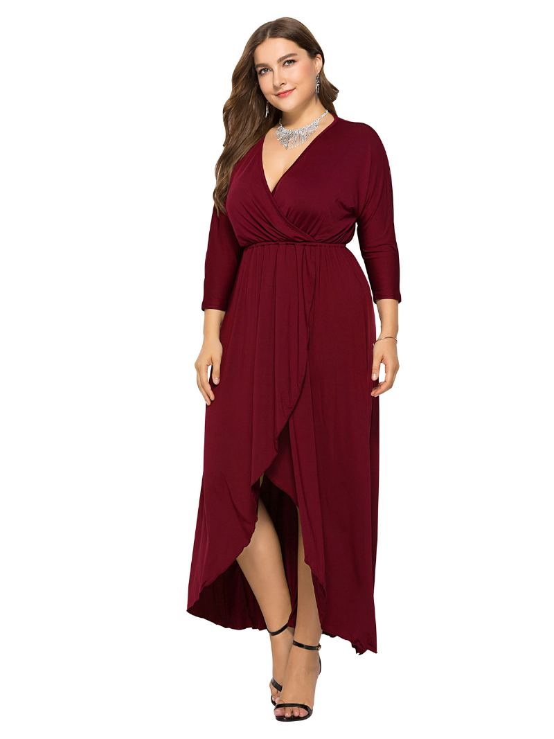 Dame Plus Size Maxi-kjole Beep Blue Langermet V-hals Oversized Lang Kjole - Burgunder