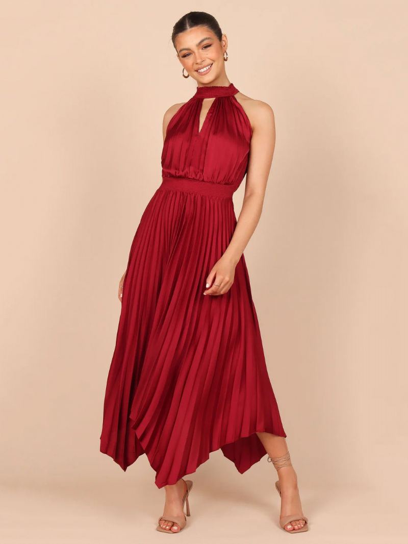 Dame Sommerkjole Høy Krage Plissert Uregelmessig Rose Long Beach Dress