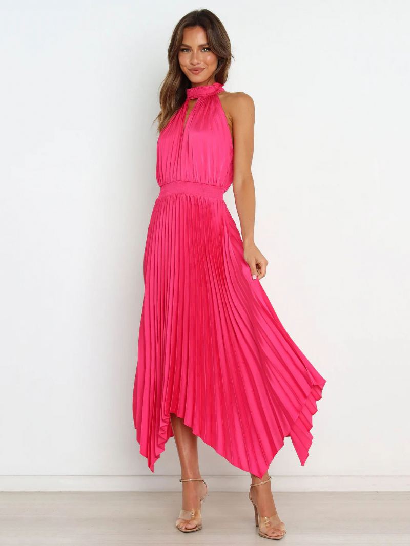 Dame Sommerkjole Høy Krage Plissert Uregelmessig Rose Long Beach Dress - Rose