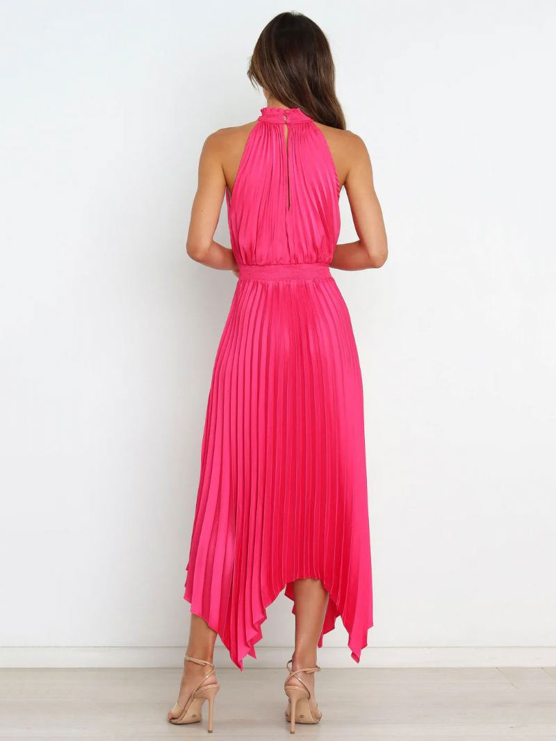 Dame Sommerkjole Høy Krage Plissert Uregelmessig Rose Long Beach Dress - Rose