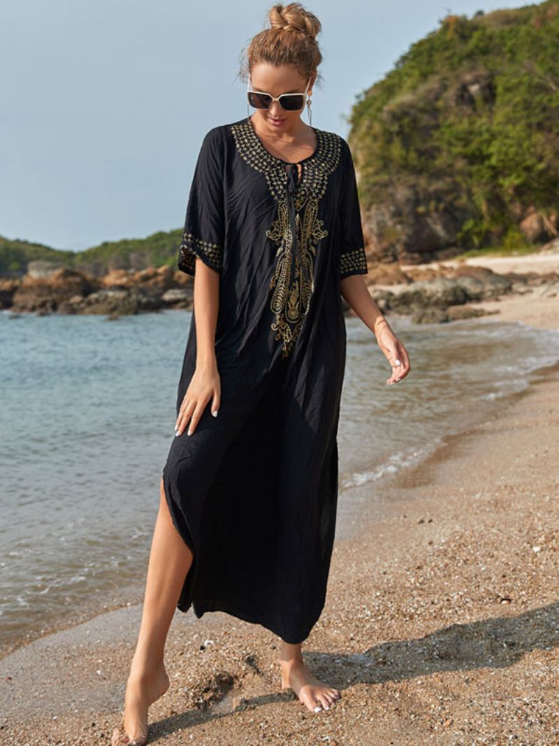 Dameovertrekk Mørk Marineblå Fargeblokk Brodert V-hals 3/4-lange Ermer Oversized Sommer Sexy Badetøy - Sort