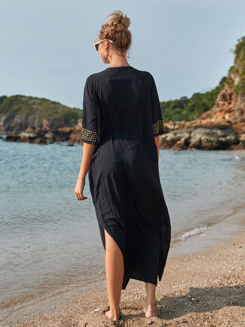 Dameovertrekk Mørk Marineblå Fargeblokk Brodert V-hals 3/4-lange Ermer Oversized Sommer Sexy Badetøy - Sort