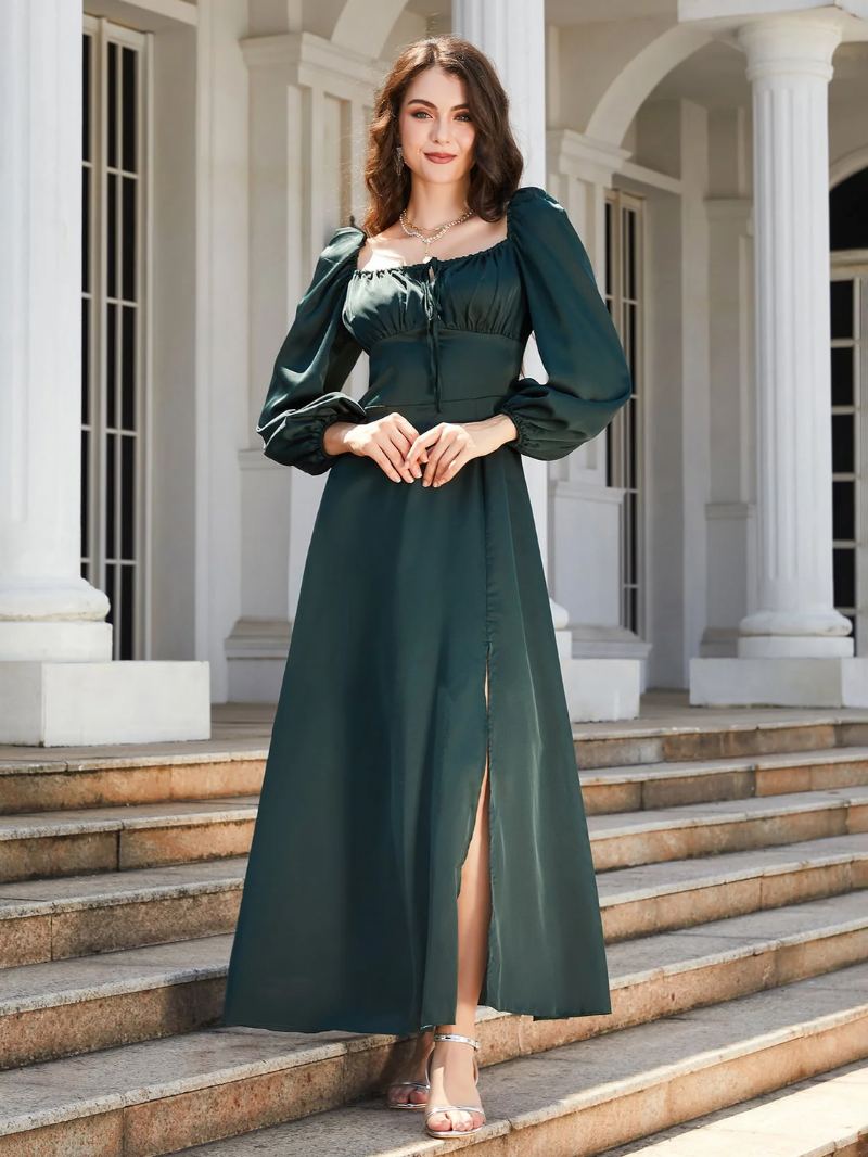 Grønne Festkjoler For Kvinner Ruched Bodice Firkantet Hals Høy Splitt Prom Maxi Dress - Grønn