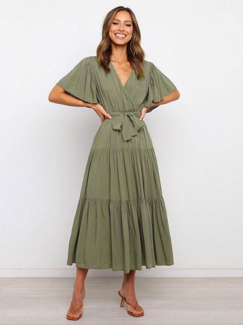 Kvinner Maxikjoler Kortermet Lavendel V-hals Lace Up Layered Summer Long Dress - Hunter Green