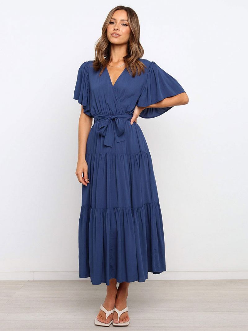 Kvinner Maxikjoler Kortermet Lavendel V-hals Lace Up Layered Summer Long Dress - Dyp Blå