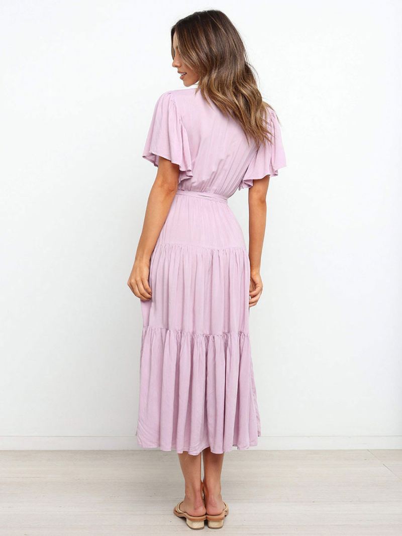 Kvinner Maxikjoler Kortermet Lavendel V-hals Lace Up Layered Summer Long Dress - Lavendel